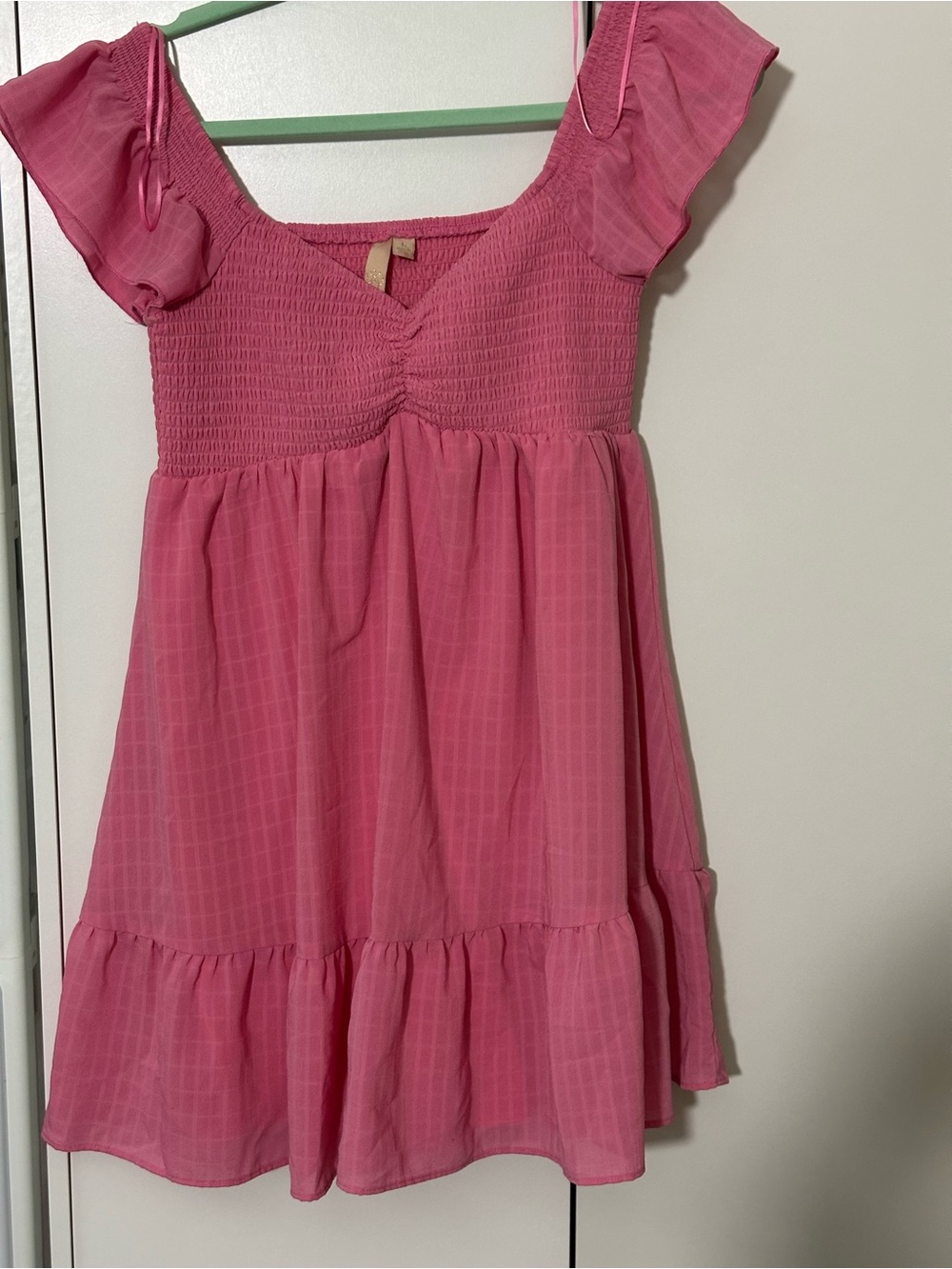 Pink Smocked Bodice Ruffle Sleeve Dress juniors